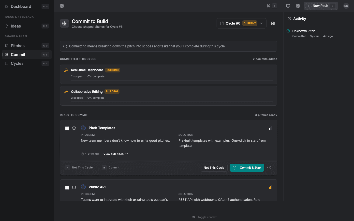 Product prioritization table showing cycle commitments and time budget allocation