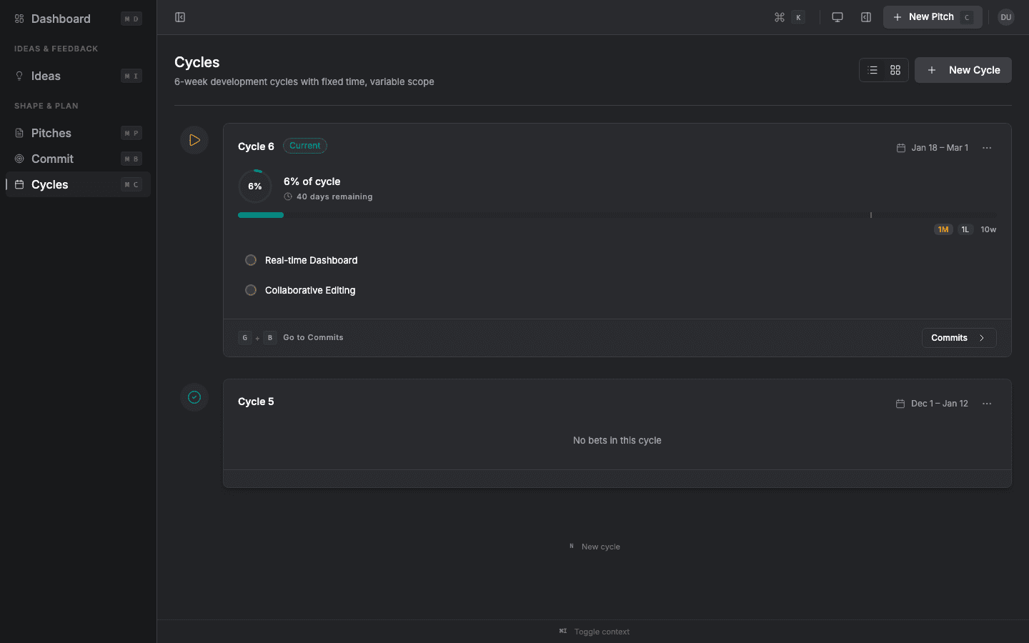 Focus cycle timeline with progress tracking preventing scope creep