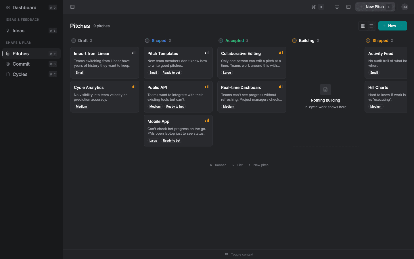 Visual product roadmap board with kanban columns for draft, ready, and shipped briefs