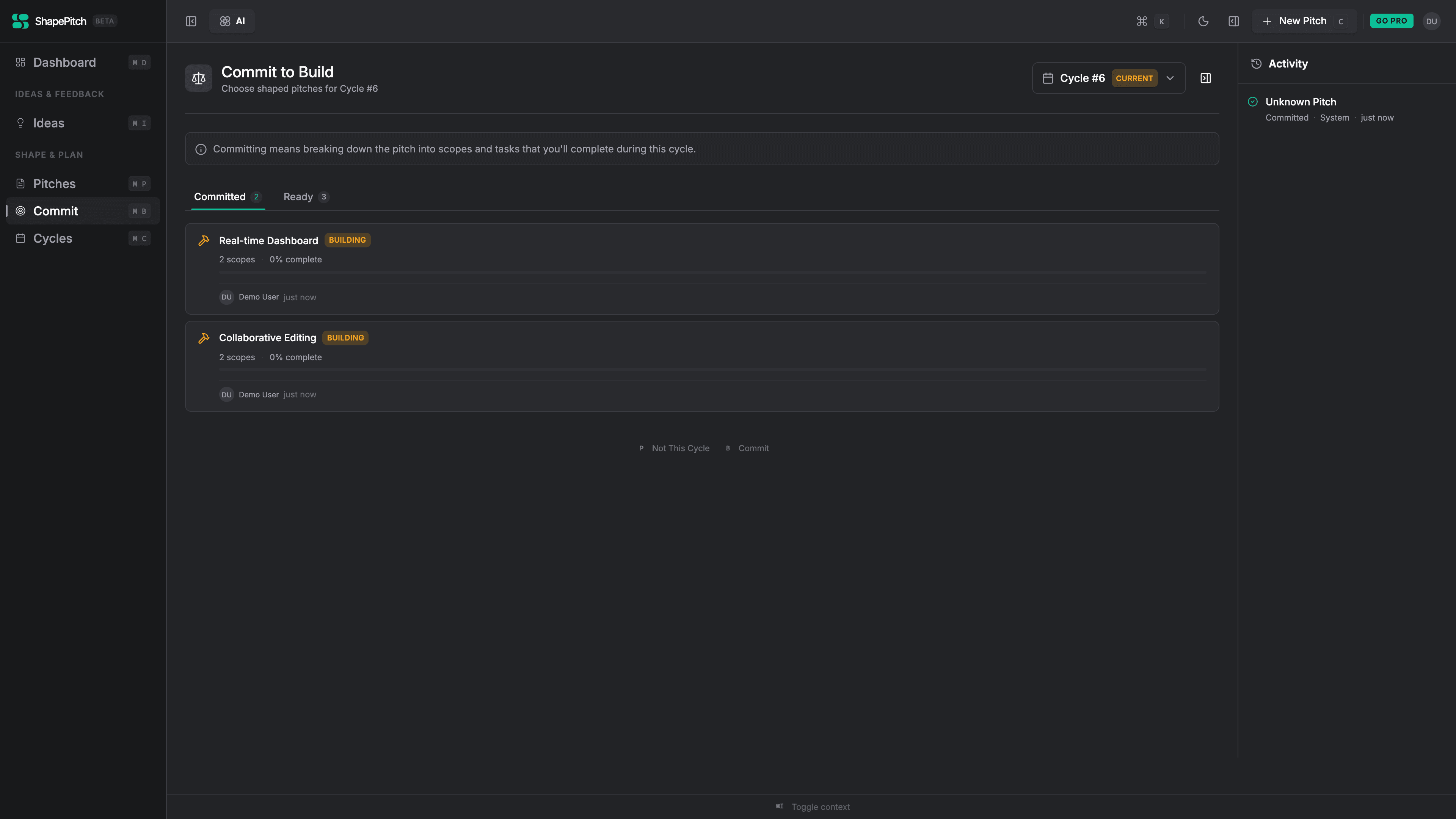 Product prioritization table showing cycle commitments and time budget allocation